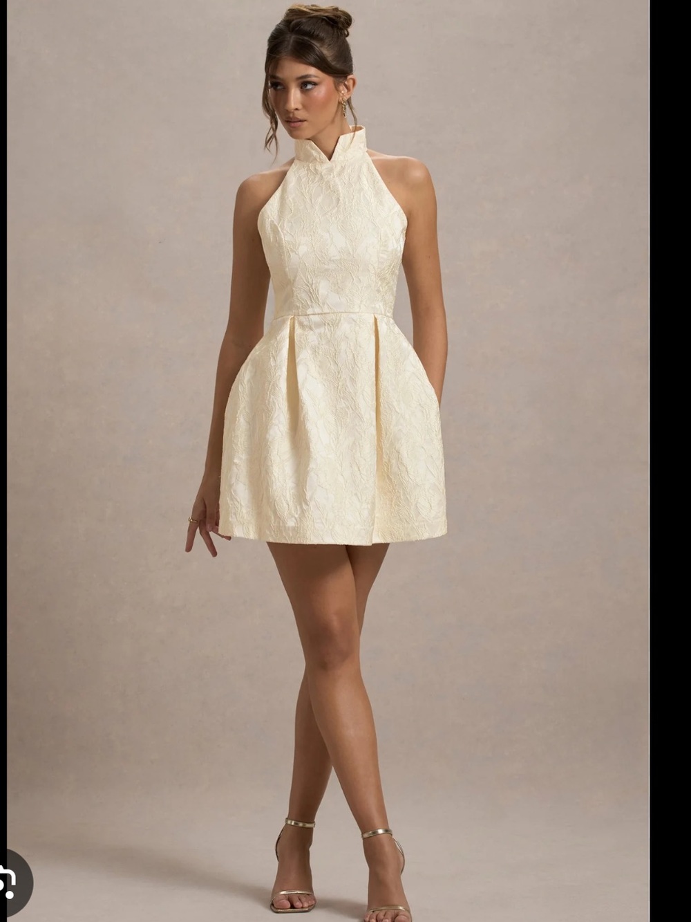 Club L London Cream Jacquard Halter Mini Dress